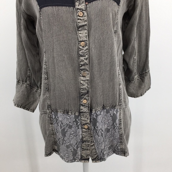 Avanie Blouse Womens Small Gray Feeling Flirty Combo Floral Denim‎ Lace Boho - Picture 3 of 14